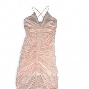 Papaya soft Pink ruched mesh mini dress with drawstring ties and lining